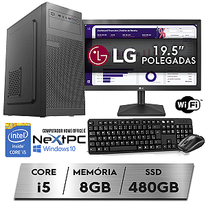 Desktop PC CPU Completo Home Office Intel Core i5 8GB SSD 480GB Monitor LG 19.5" WiFi