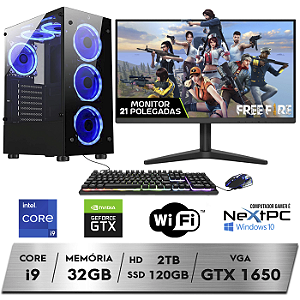 PC Gamer Completo Intel Core i9-11900F 11º Geração 32GB Nvidia GTX1650 4GB HD 2TB SSD 120GB Monitor NextPC 21 WiFi