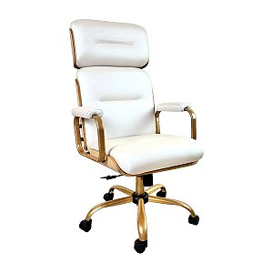 Poltrona Presidente WOOD Off-White - Madeira Clara - Base Dourada Giratória
