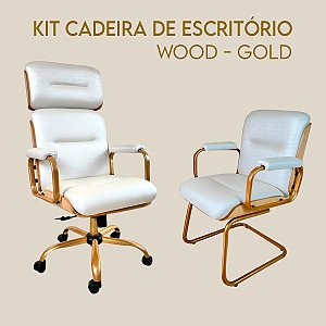 Kit Poltrona Wood Off White Presidente Giratória + Diretor Fixa