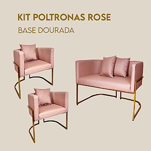 Kit Poltronas Fixa Rosê Base Dourada