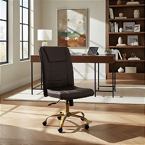 Cadeira Presidente Luxo Sem Braço - Base Dourada Giratória - Marrom-escuro - Couro sintético