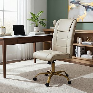 Cadeira Presidente Luxo Sem Braço - Base Dourada Giratória - CHAMPANHE - Couro sintético