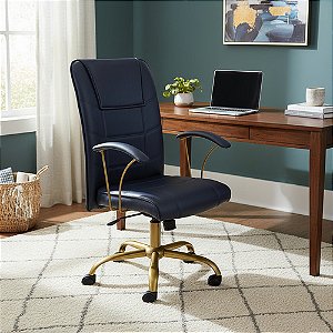 Poltrona Presidente Giratória Novara Com Base Dourada - Azul-marinho - Couro sintético