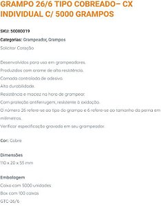 GRAMPO 26/6 TIPO COBREADO- CX INDIVIDUAL C/ 5000 GRAMPOS