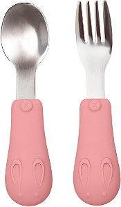 Kit Talheres em Silicone e Aço Inox - Buba, Coelhinho, Rosa