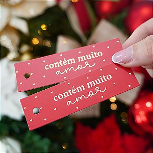 Tag Palito Hot Stamping Dourado "Contém Muito Amor" vermelho