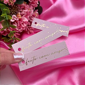 10un Tag Palito Hot Stamping "Feito com Amor" Rosa