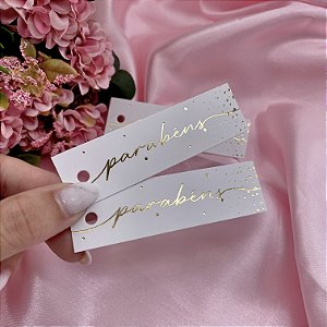 Tag Palito Hot Stamping "Parabéns" Branco