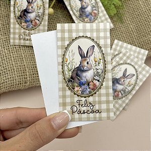 Cartão "Feliz Páscoa" Coelho Listras Bege - Coleção Páscoa