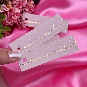 10un Tag Palito Hot Stamping "Com Carinho" Rosa