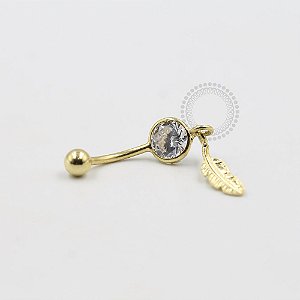BN11 Navel Piercing Pedra Cristal Pingente Pena Banho Ouro 18K