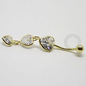 BN13 Navel Piercing Pingente 3 Corações Pedra Zirconia Banho Ouro 18K
