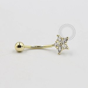 BN18 Navel Piercing Flor Pedra Zirconia Banho Ouro 18K