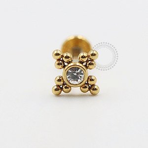 PVD70 Labret 1 Pedra Strass Colado Com Esferas Aço PVD Gold