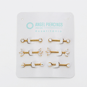 KOR07 Kit Nipple Cristal E Opala Titânio PVD Gold