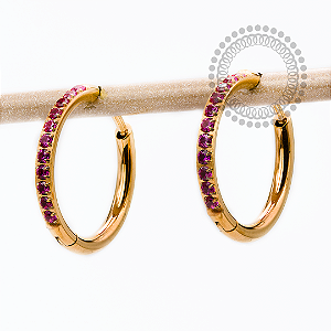 TN2531 Brincos Argola CZ Rubi 14mm Titânio PVD Gold