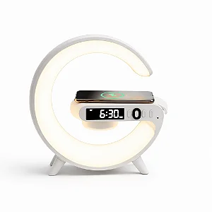 Lúmen+ AuraStation – Luminária Inteligente com Relógio, Som e Carregamento Indução