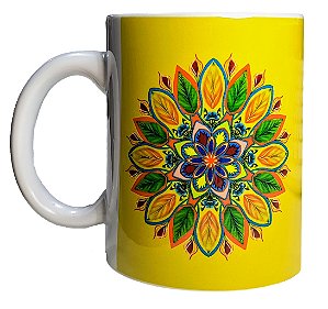 Caneca De Porcelana Personalizada Xícara Estampada Decorativa Café 325 ML Mandala Amarela Verde Folhas