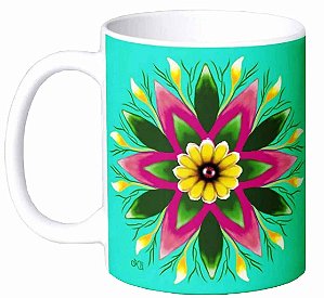 Caneca De Porcelana Personalizada Xícara Decorativa Café 325 ML Mandala Azul Floral Margarida