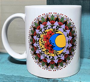 Caneca Porcelana Mandala Lua Com Flores 350ml Branca Exclusiva Coloricasa