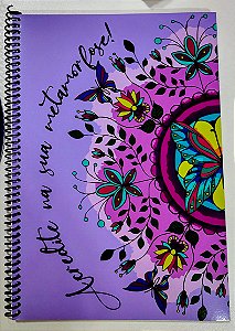 Caderno Escolar Prático Funcional Roxa Borboleta Verde Grande Coloricasa