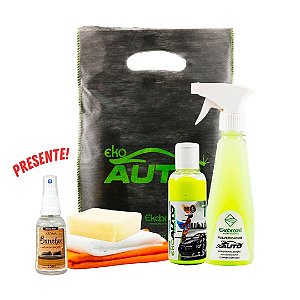 Kit Detergente Automotivo Biodegradável EkoAuto 120ml, Pulverizador, Flanela, Pano Branco e Esponja + Aroma Bamboo BRINDE