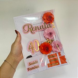 Topo de bolo floral nome + flores + elementos