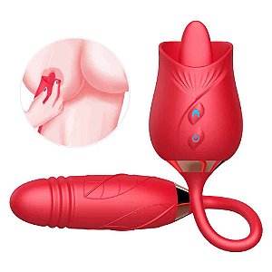 Vibrador Rosa Duplo Vai e Vem e Língua Massageadora