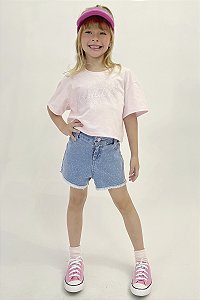 Conjunto de Blusa Boxy Over em Meia Malha com Shorts em Jeans Belini 73478 Infanti
