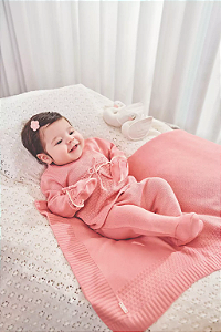 Saída de Maternidade Tricô Trabalhado Blusa, Calça, Luvas e Manta Rosê Paraiso 16133
