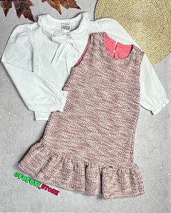 Conjunto Vestido e Camisa Tweed, Cambraia Bordada Coral Elegante Paraiso