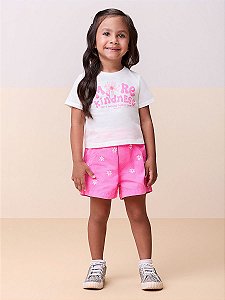 Conjunto Blusa MC e Short Sarja Pink Neon Bordado Margaridas Momi Mini J6100
