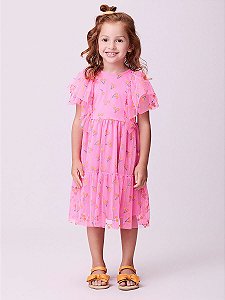 Vestido Com Cerejas de Tule Rosê Momi Mini  J6040