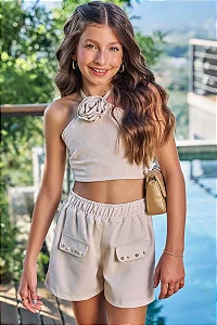 Conjunto Blusa Flor e Shorts Alfaiataria Off White 78825 Vic Vicky