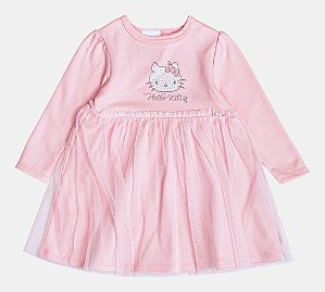 Vestido Manga Longa Rosa Hello Kitty Tule Momi C2636