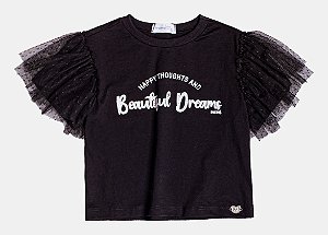 Blusa Com Mangas de Tule Poá Preta Momi H5918