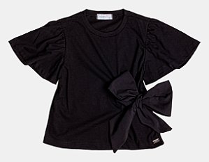 Blusa Manga Curta Com Recorte e Laço Preta Momi H6021