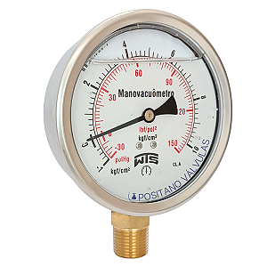Manovacuômetro 4” (100MM) -1 a 10 Kgf/cm² - Aço Inox – Vertical – Glicerinado - Winters