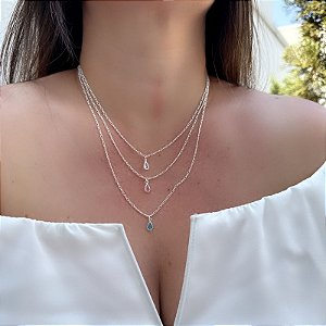 Colar Três Voltas Gota Cristal Rosa e Azul