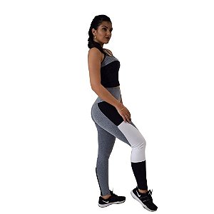 Calça Legging Cinza Mescla C/ Recortes Preto e Branco - Loja Fasciniun  Fitness - O melhor em Moda Fitness.