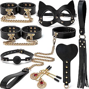 kit Maleta Sado de Luxo com Preto - Algema, Tornozeleira com Corrente,Venda e Chicote