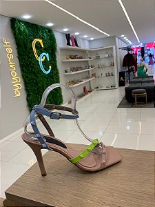 Sandália Napa Paty Festa Nude (Fundo Nude com tira verde lima e azul)