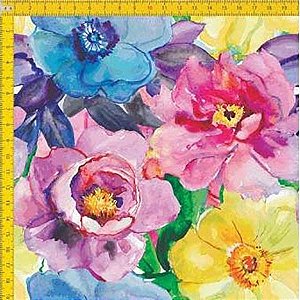 Estampa Floral Rosa, Azul e Amarelo  Ref:  E030