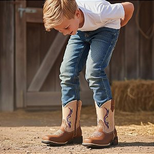 Bota Texana Infantil Unissex em Couro Cor Wisky e Neblina - Modelo 5016 | Bili Bilu