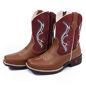Bota Texana Infantil Feminina em Couro Cor Wisky e Bordô - Modelo 5015 | Bili Bilu