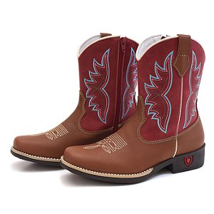 Bota Texana Infantil Feminina em Couro Cor Wisky e Vermelho - Modelo 5009 | Bili Bilu