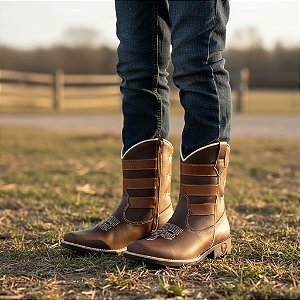 Bota Texana Infantil Unissex em Couro Cor Café e Mel - Modelo 5002 | Bili Bilu