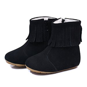 Bota Infantil Feminina em Couro com Franja Cor Preto Cano Curto - Modelo 1811 | Bili Bilu