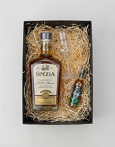 Kit Presente - Cachaça Spezia Ouro Extra Premium 22 Anos 750ml + 1x Taça Spezia Vidro 60ml + 1x Cachaça Indiazinha Jambu 50ml1x